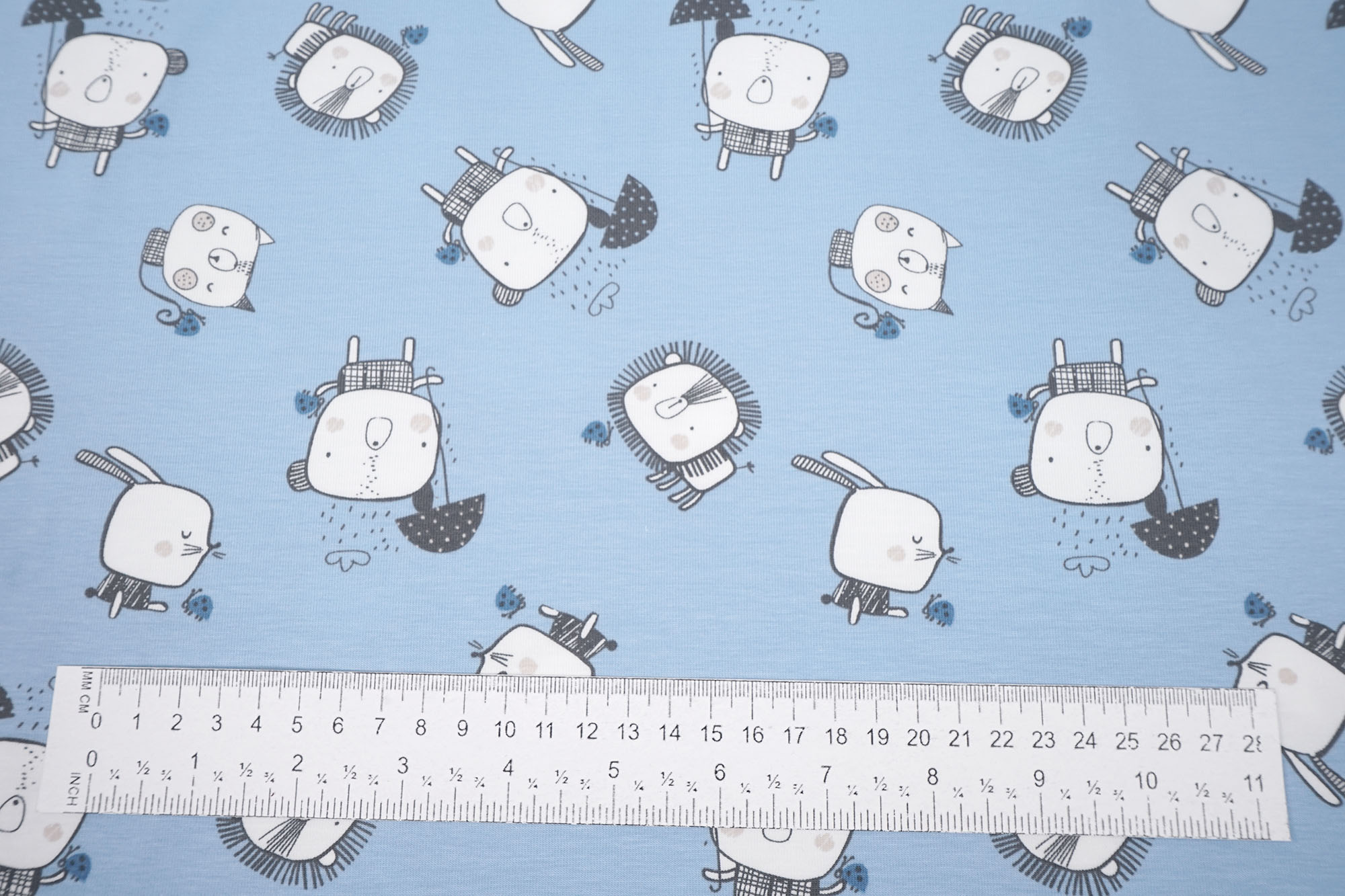 Cotton Jersey Knit Fabric Lion, bear and rabbit on light blue