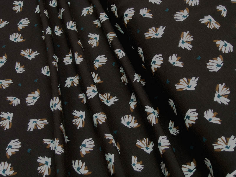 Jersey turquoise white flowers on brown Cotton Jersey Knit Fabric