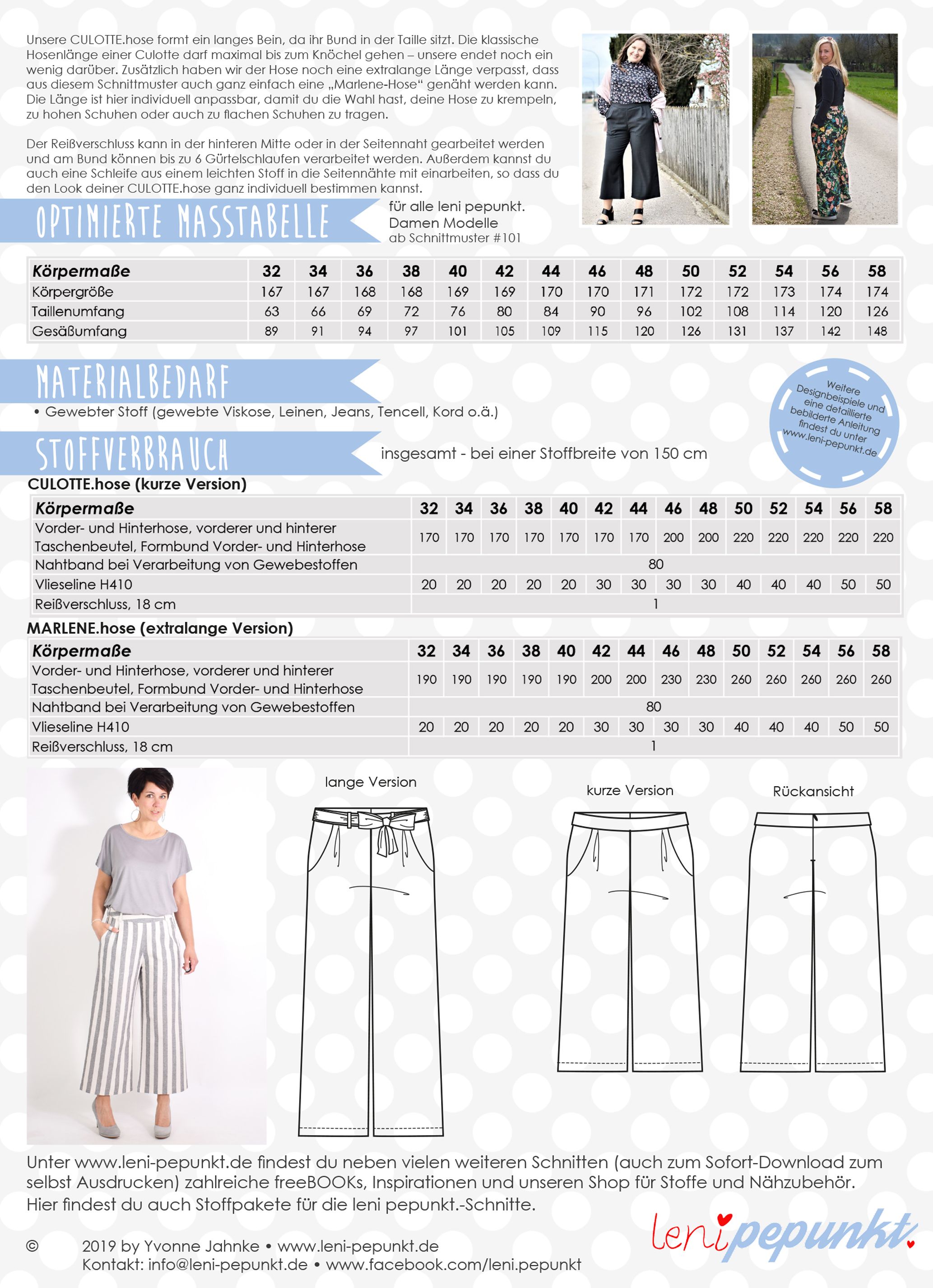 124 Culotte.hose,Papierschnitt,Leni Pepunkt,Beispielbilder und Skizzen von weiter Hose mit Größentabelle