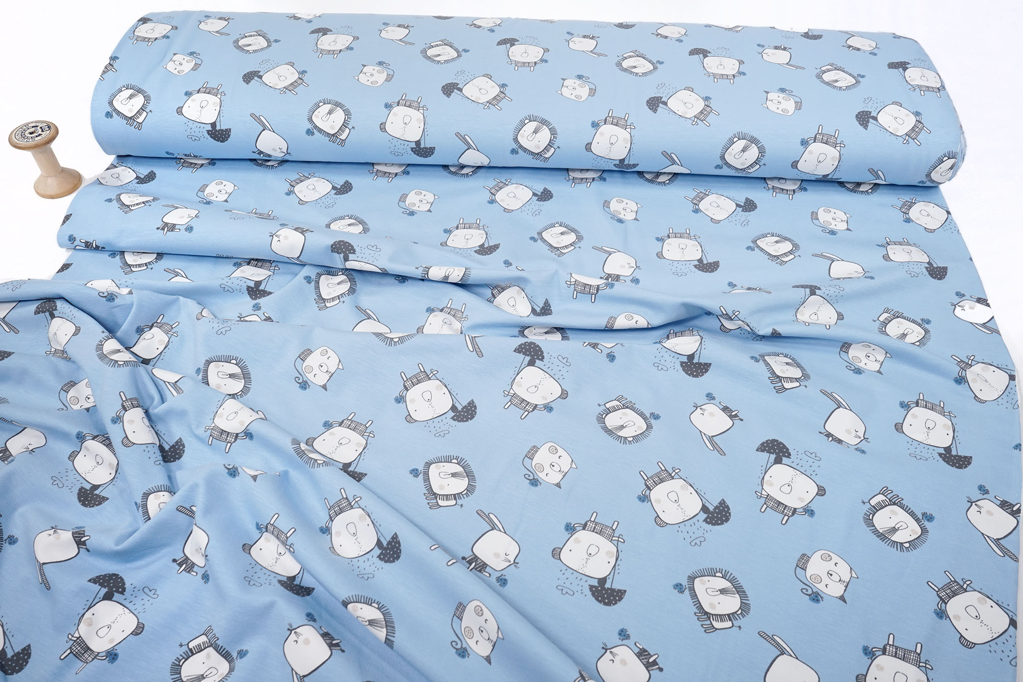 Cotton Jersey Knit Fabric Lion, bear and rabbit on light blue