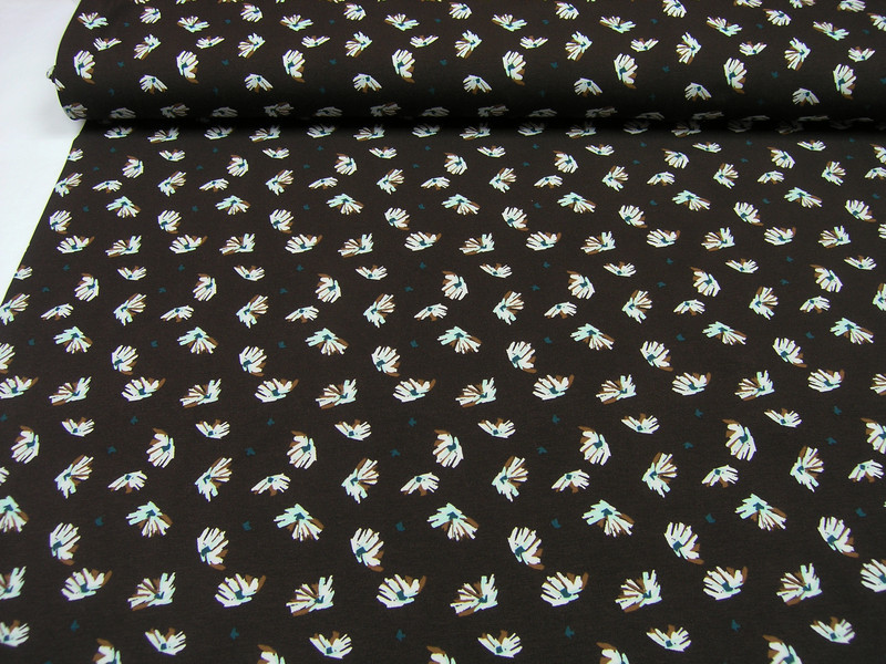 Jersey turquoise white flowers on brown Cotton Jersey Knit Fabric