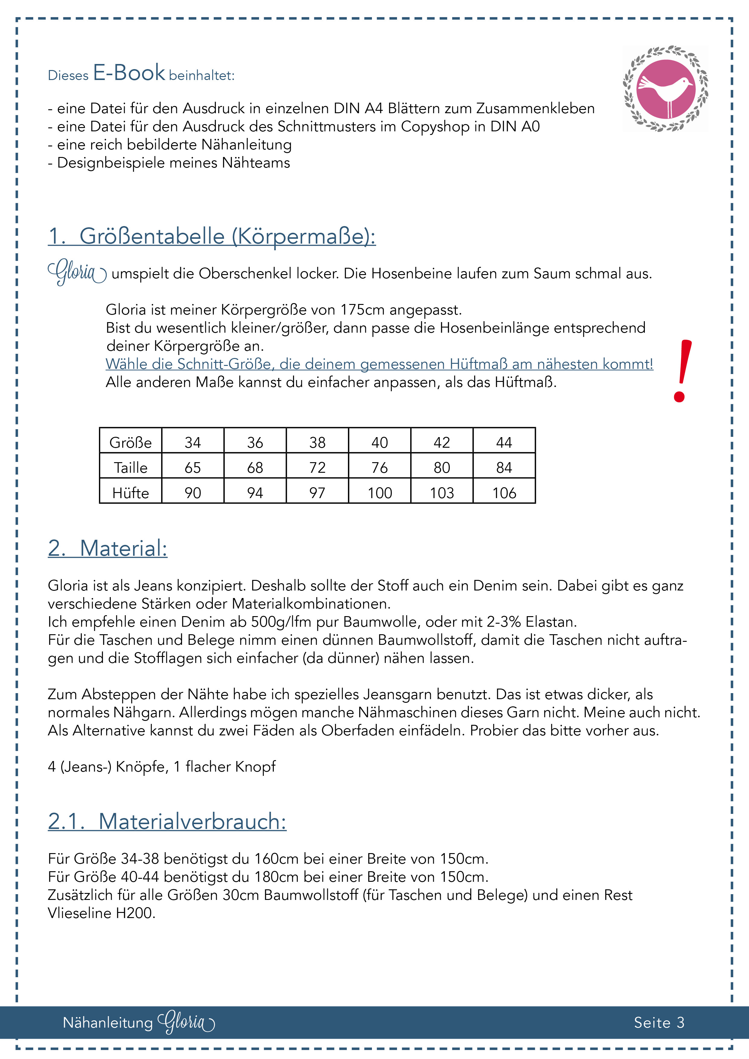 Papierschnitt, legerer Jeansschnitt, Größentabelle und Informationen, Rückseite