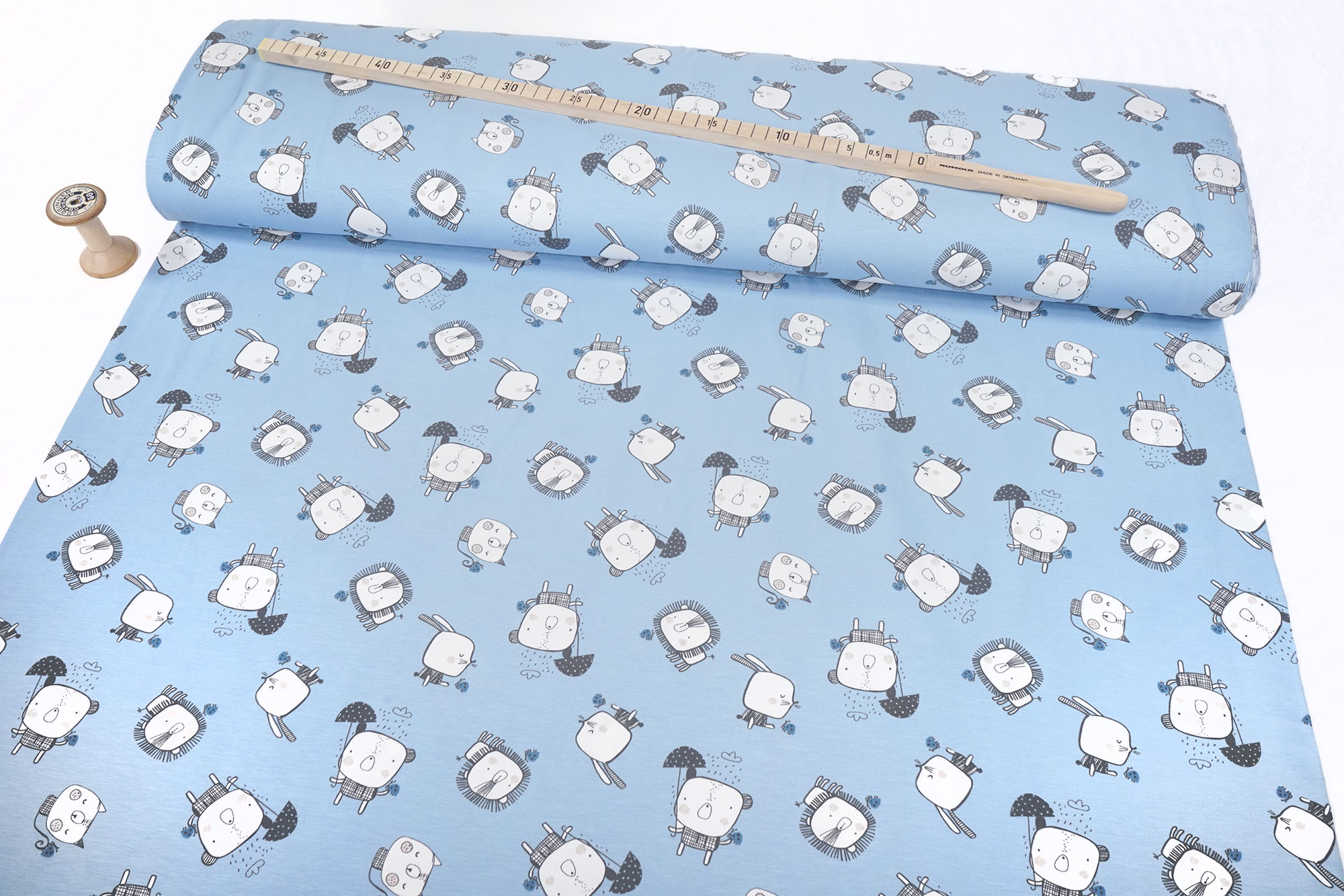 Cotton Jersey Knit Fabric Lion, bear and rabbit on light blue