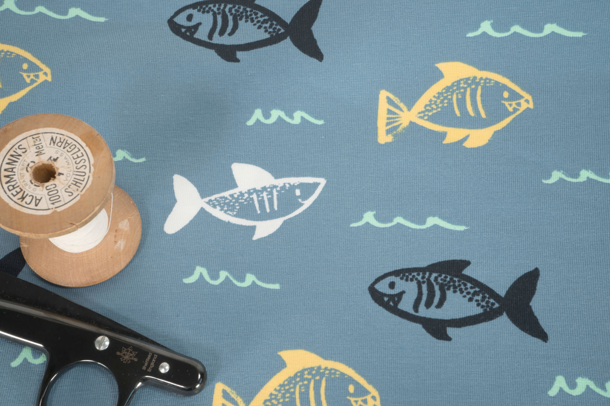 Jersey Shark Attack on light jeans Cotton Jersey Knit Fabric