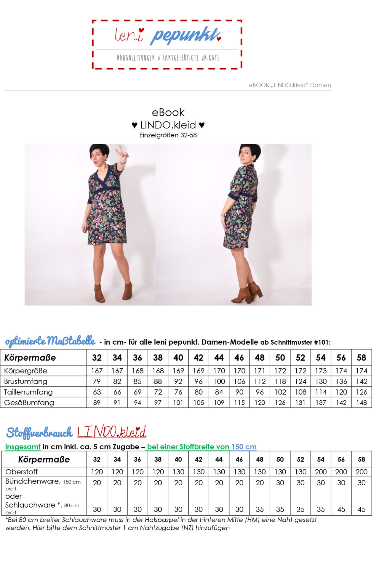 110 LINDO.kleid,Papierschnitt,Leni Pepunkt,Maßtabelle und Beispielbildern