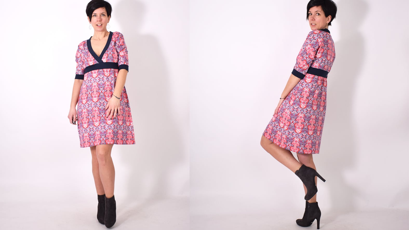110 LINDO.kleid,Papierschnitt,Leni Pepunkt,Frau mit gemustertem Kleid