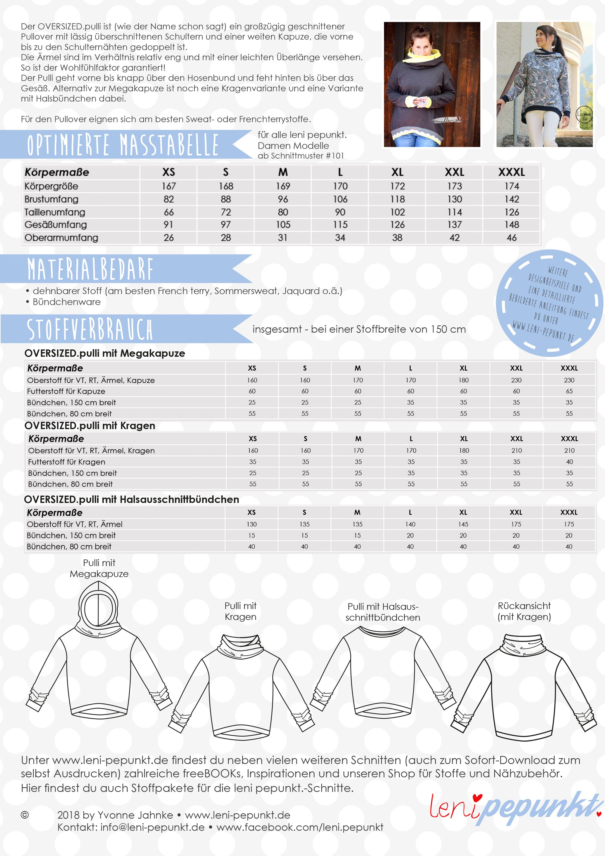 118 OVERSIZED.PULLI,Papierschnitt,Leni Pepunkt,Skizzen und Stoffverbrauch von Pullover mit Beispielbildern