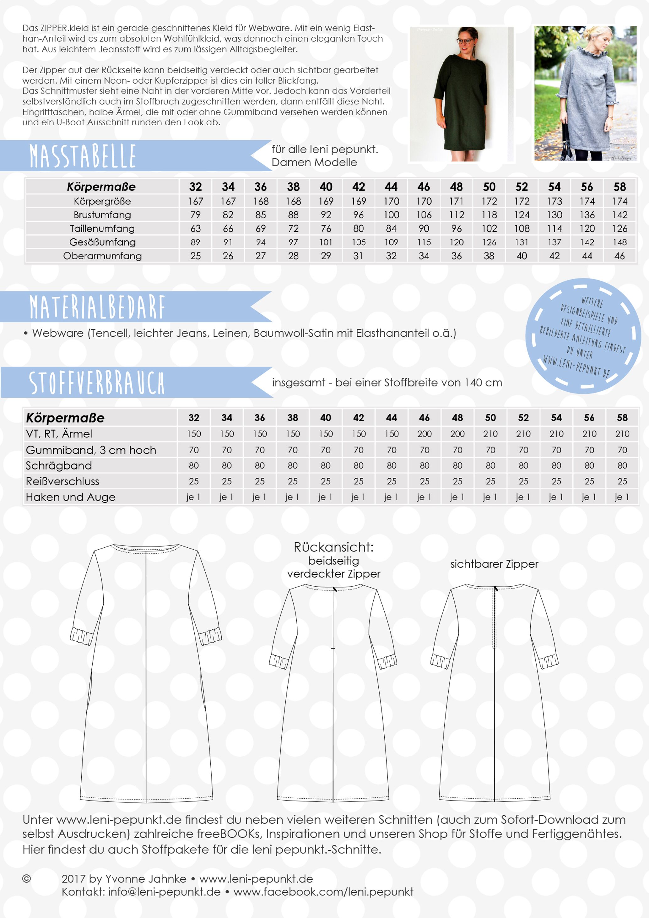 101 ZIPPER.kleid,Papierschnitt,Leni Pepunkt,Maßtabelle mit Skizzen und Beispielbildern von Frauen in Zipperkleid