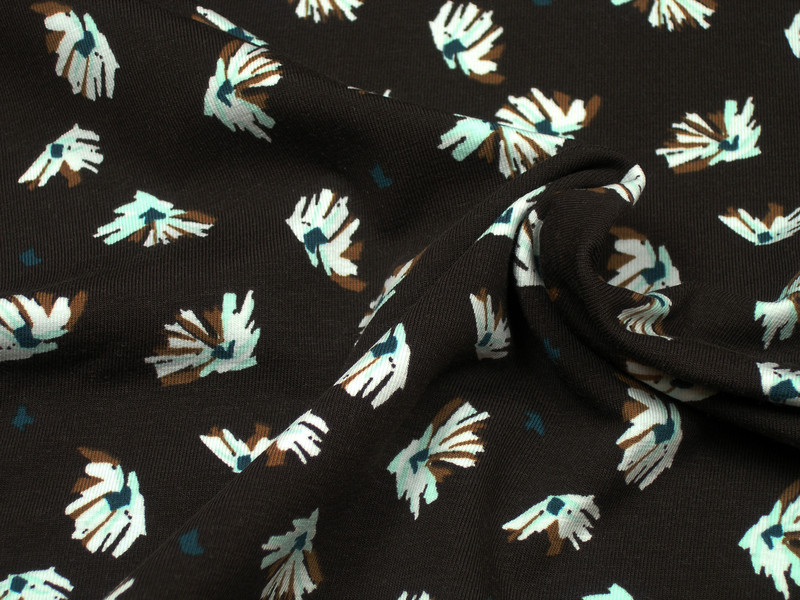 Jersey turquoise white flowers on brown Cotton Jersey Knit Fabric
