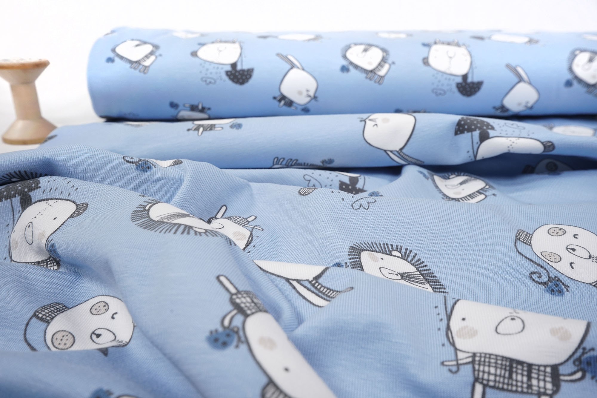 Cotton Jersey Knit Fabric Lion, bear and rabbit on light blue